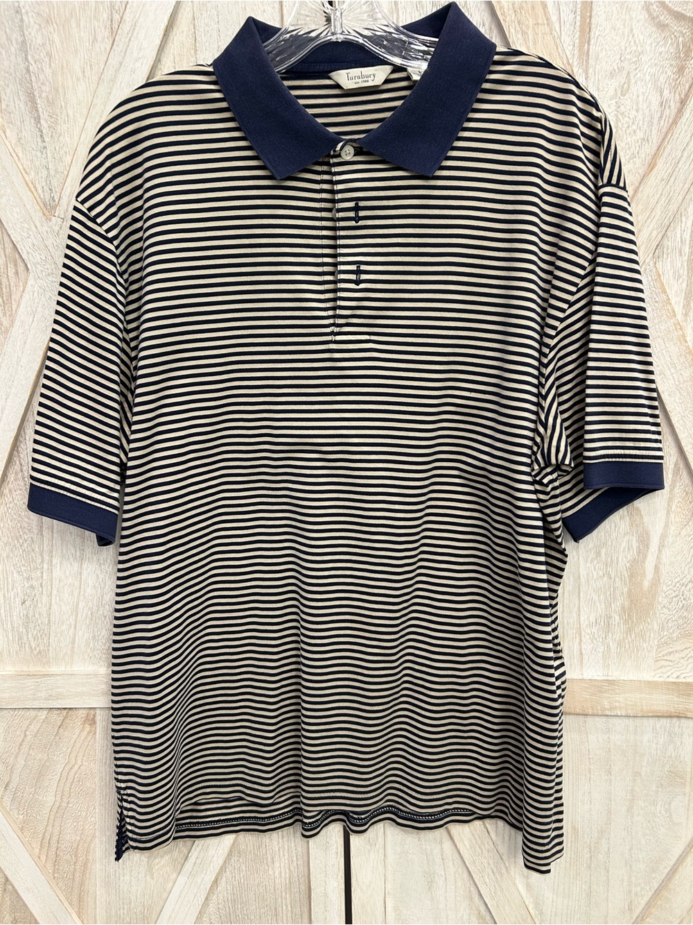 Turnbury Est. 1980 100% Peruvian Cotton Large Navy & Cream Stripe Preppy Costal - Picture 1 of 10